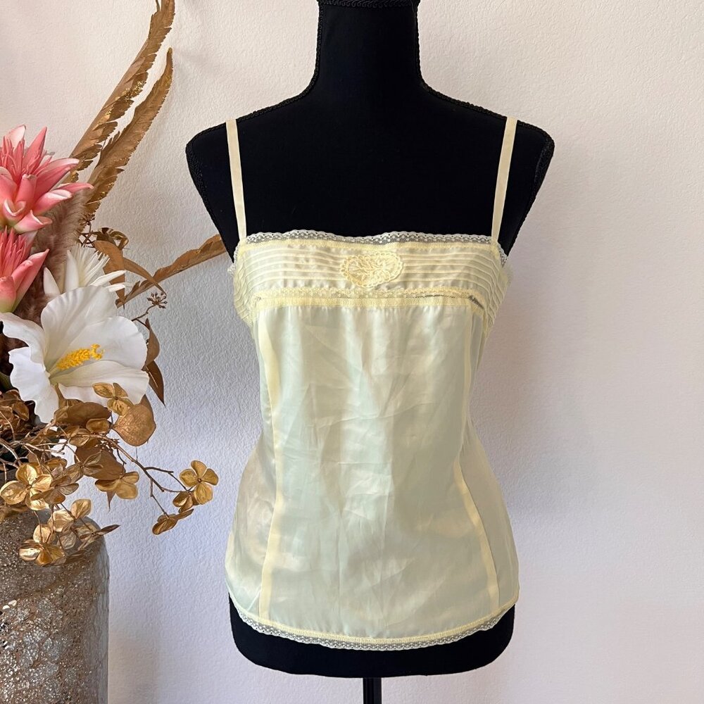 Y2K Pale Yellow Satin Pleated Embroidered Lace Cami Top M - Picture 1 of 8